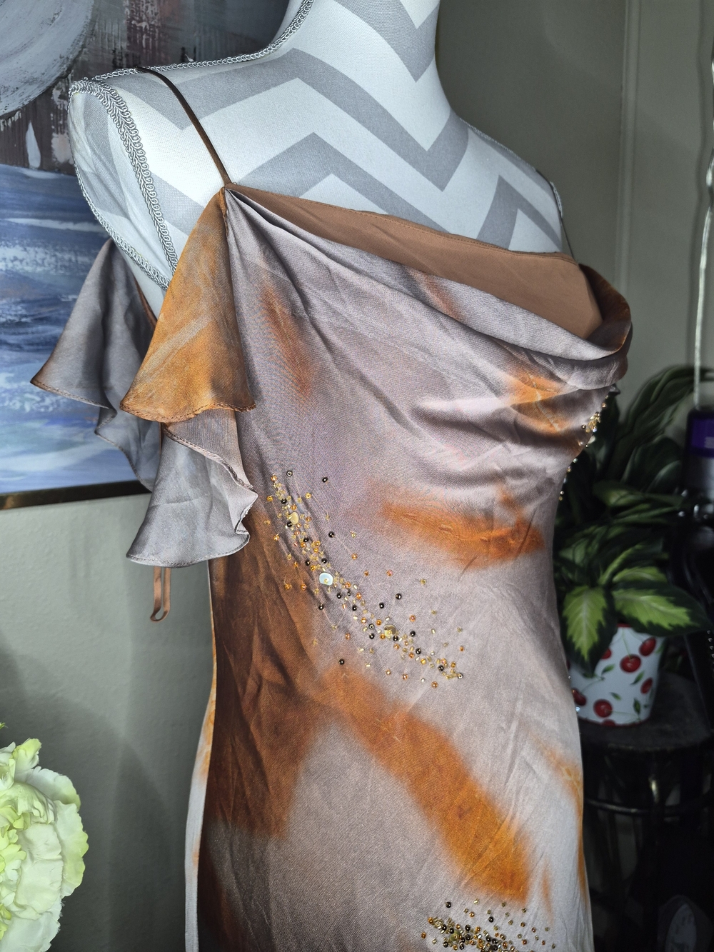 Satin High-Low Slip Dress in Rust and Taupe by Miss Ravesky - Picture 3 of 9
